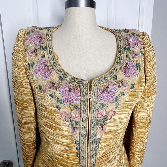 Mary McFadden Vintage 1990's Evening Jacket Blazer Beaded Floral Gold Size 12 - Picture 1 of 10